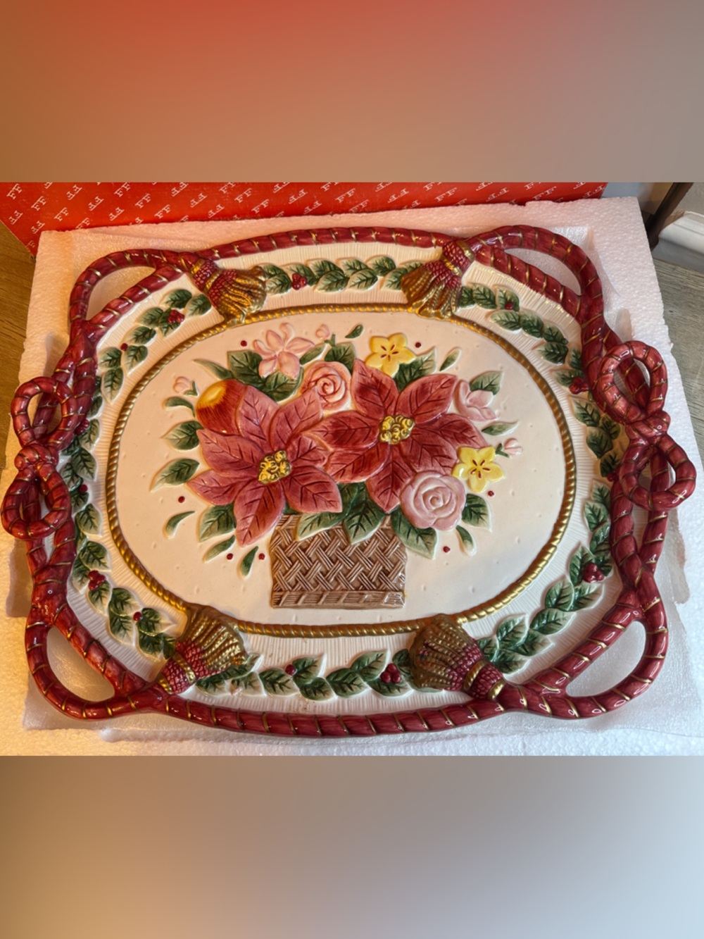 Fitz and Floyd Red Poinsettia Basket Holiday Serving Platter - Picture 2 of 4